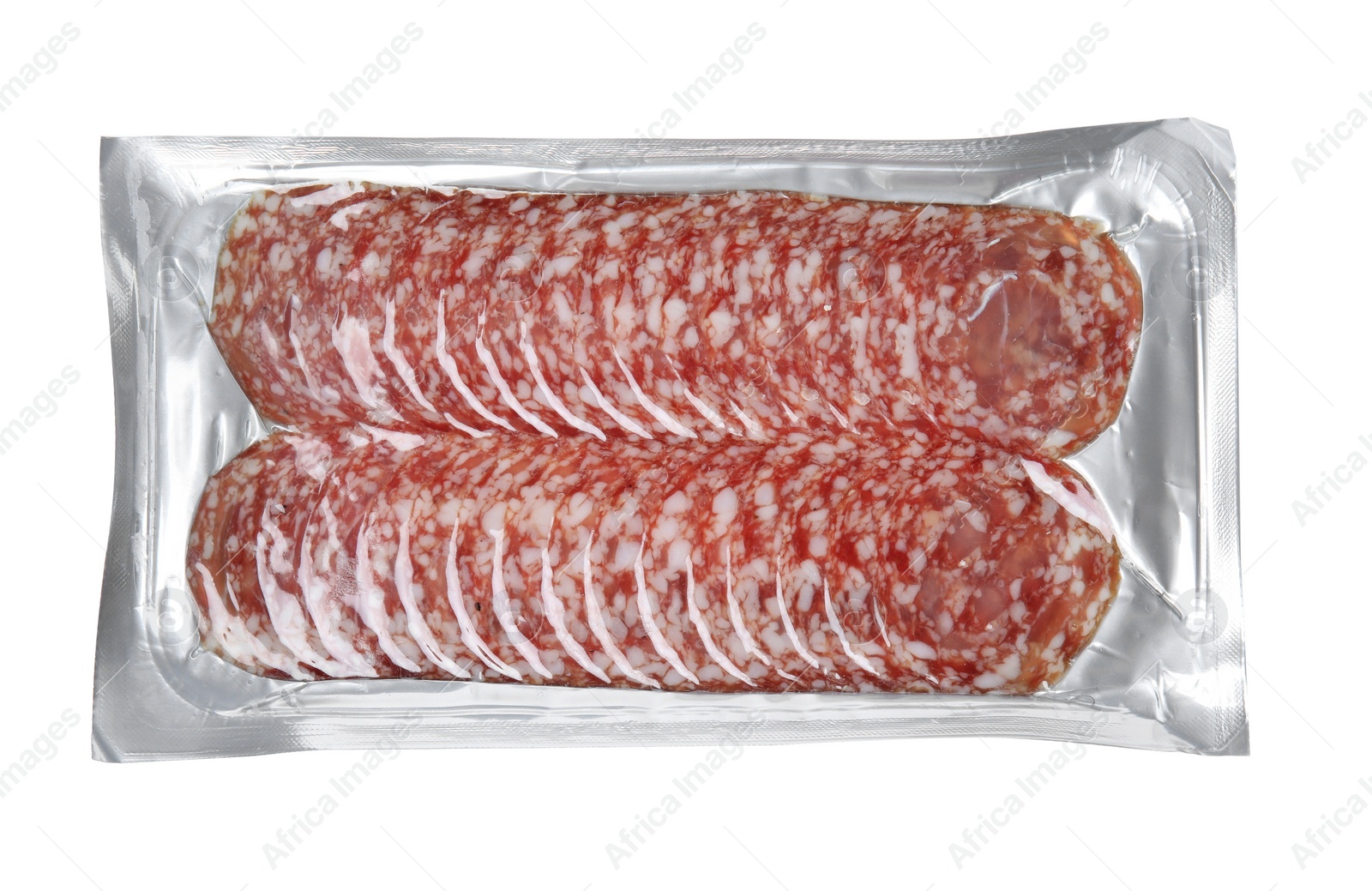 Photo of Slices of tasty sausage on white background, top view