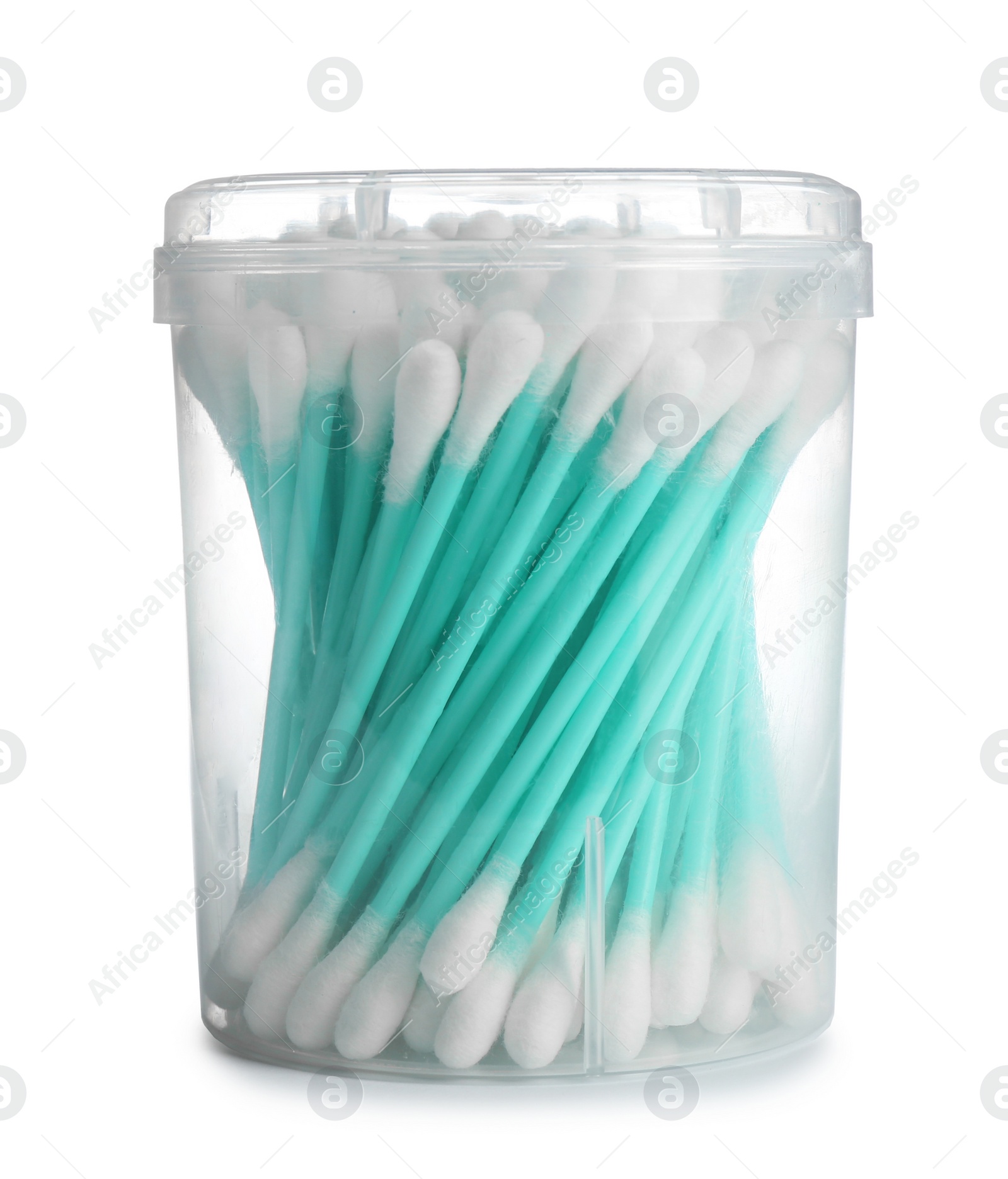 Photo of Plastic container with cotton swabs on white background