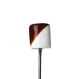 Photo of Fork with marshmallow dipped into chocolate fondue on white background