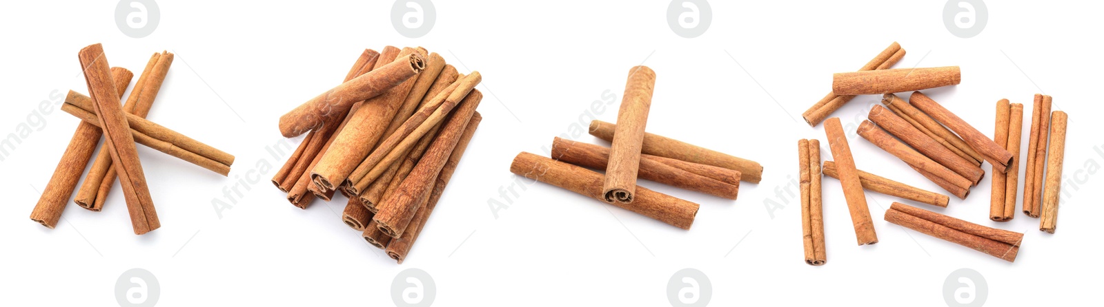 Image of Set with aromatic cinnamon sticks on white background. Banner design