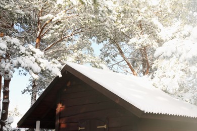Photo of Wooden house and trees covered with snow in winter morning