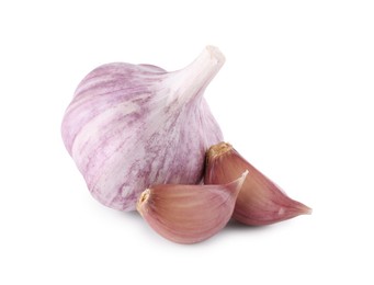 Fresh raw garlic head and cloves isolated on white