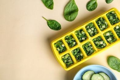 Photo of Flat lay composition with ice cube tray, fresh spinach and space for text on color background