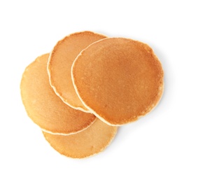 Photo of Tasty pancakes on white background, top view