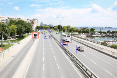 Image of City road with scanner frames on cars near sea. Machine learning