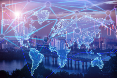 Image of Global communication technology concept. World map illustration on city background