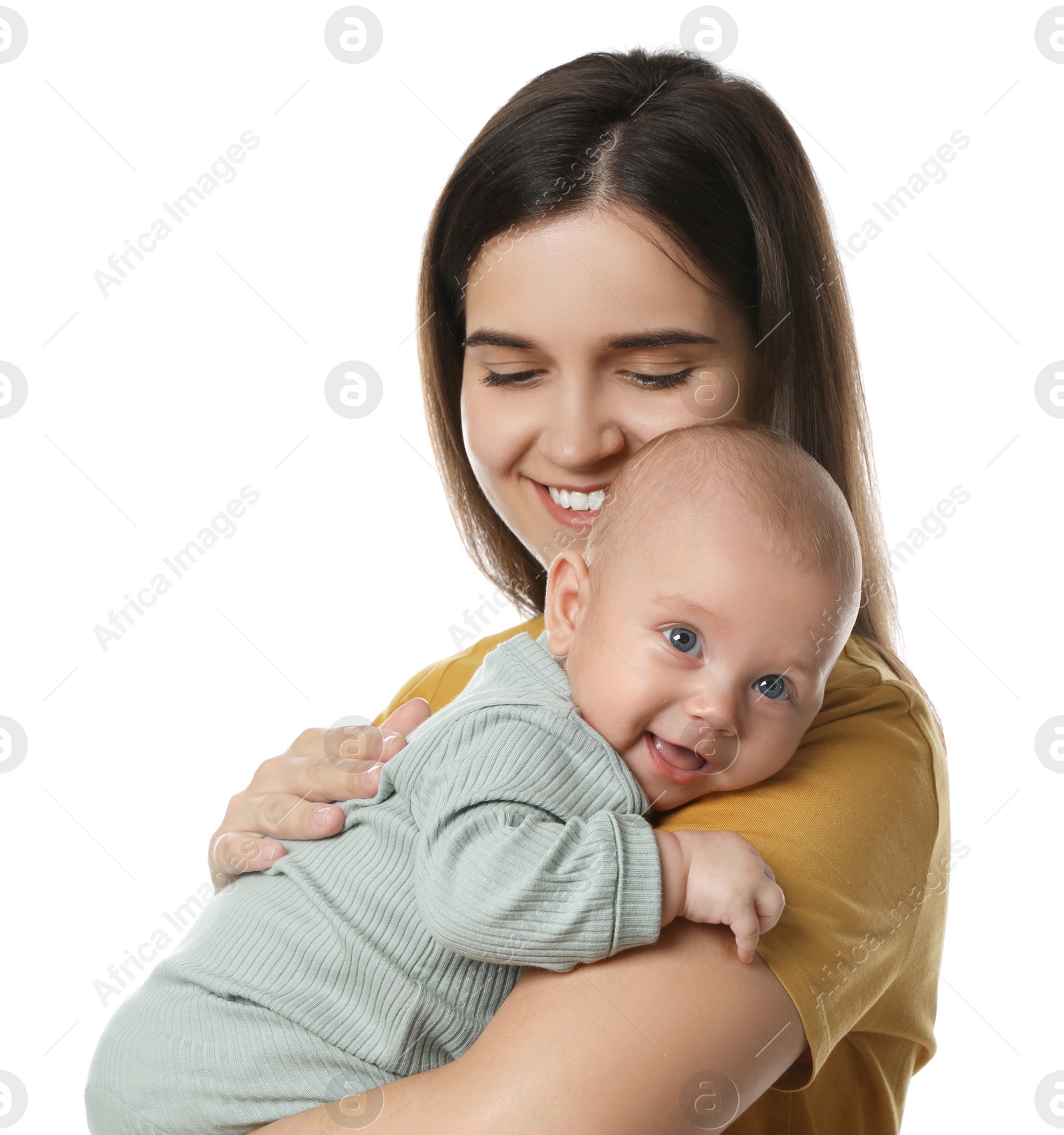 Photo of Beautiful mother with her cute baby on white background