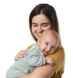 Beautiful mother with her cute baby on white background