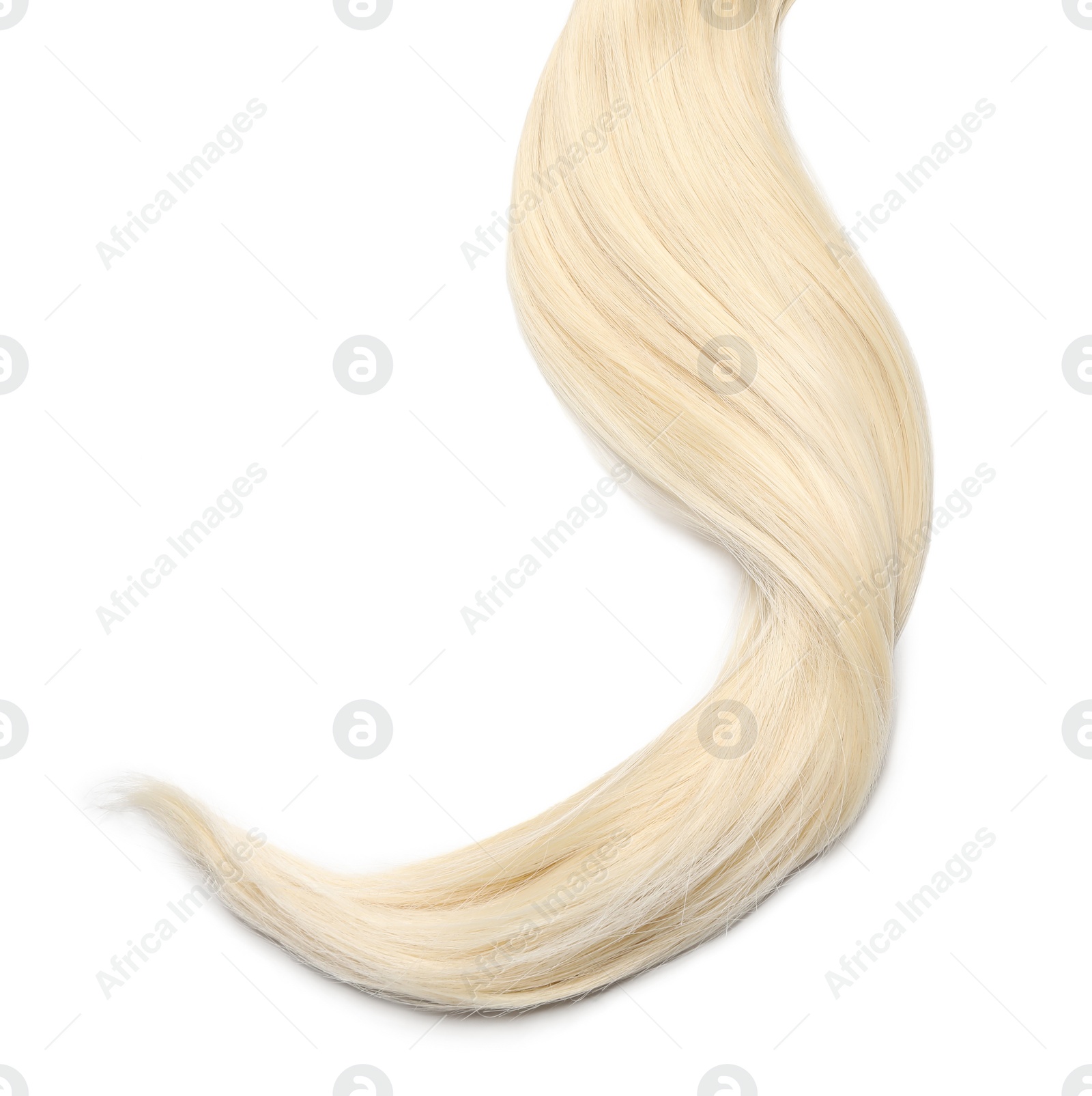 Photo of Lock of beautiful blonde straight hair isolated on white, top view