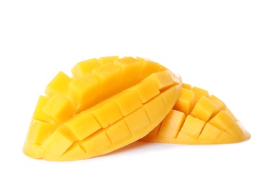 Fresh juicy mango halves on white background