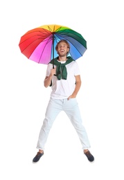 Man with rainbow umbrella on white background