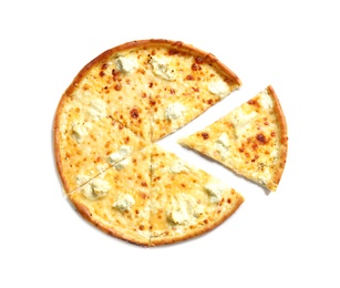 Photo of Tasty hot cheese pizza on white background