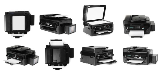 Image of Modern multifunction printer on white background, views from different sides. Banner design