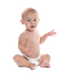 Photo of Cute little baby sitting on white background