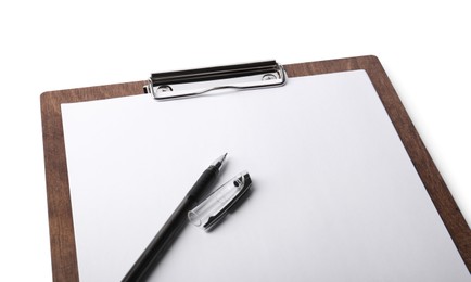 Photo of Wooden clipboard with sheet of paper and pen isolated on white