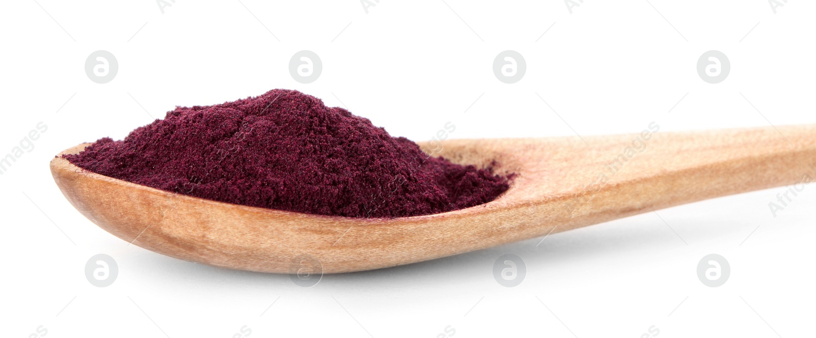 Photo of Wooden spoon with acai powder on white background