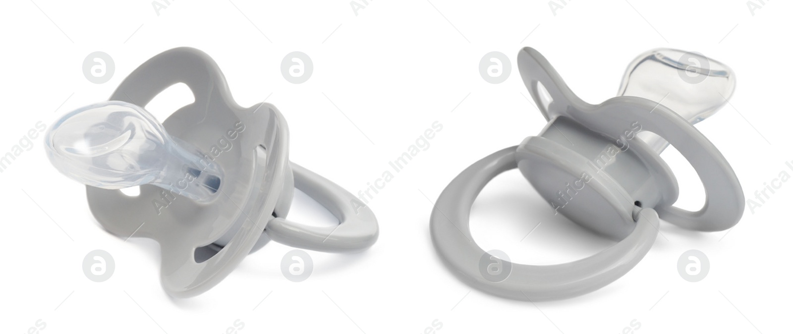 Image of Light grey baby pacifier on white background, views from different sides