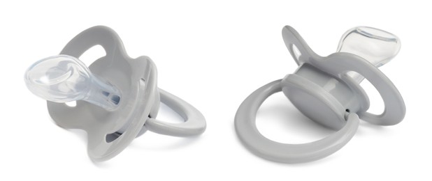 Image of Light grey baby pacifier on white background, views from different sides