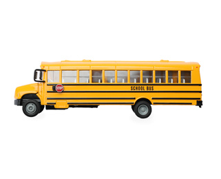 Photo of Yellow school bus on white background, top view with space for text. Transport service