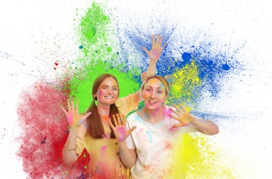 Image of Holi festival celebration. Happy women covered with colorful powder dyes on white background