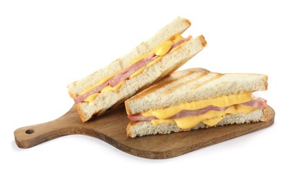 Tasty sandwiches with ham and melted cheese isolated on white