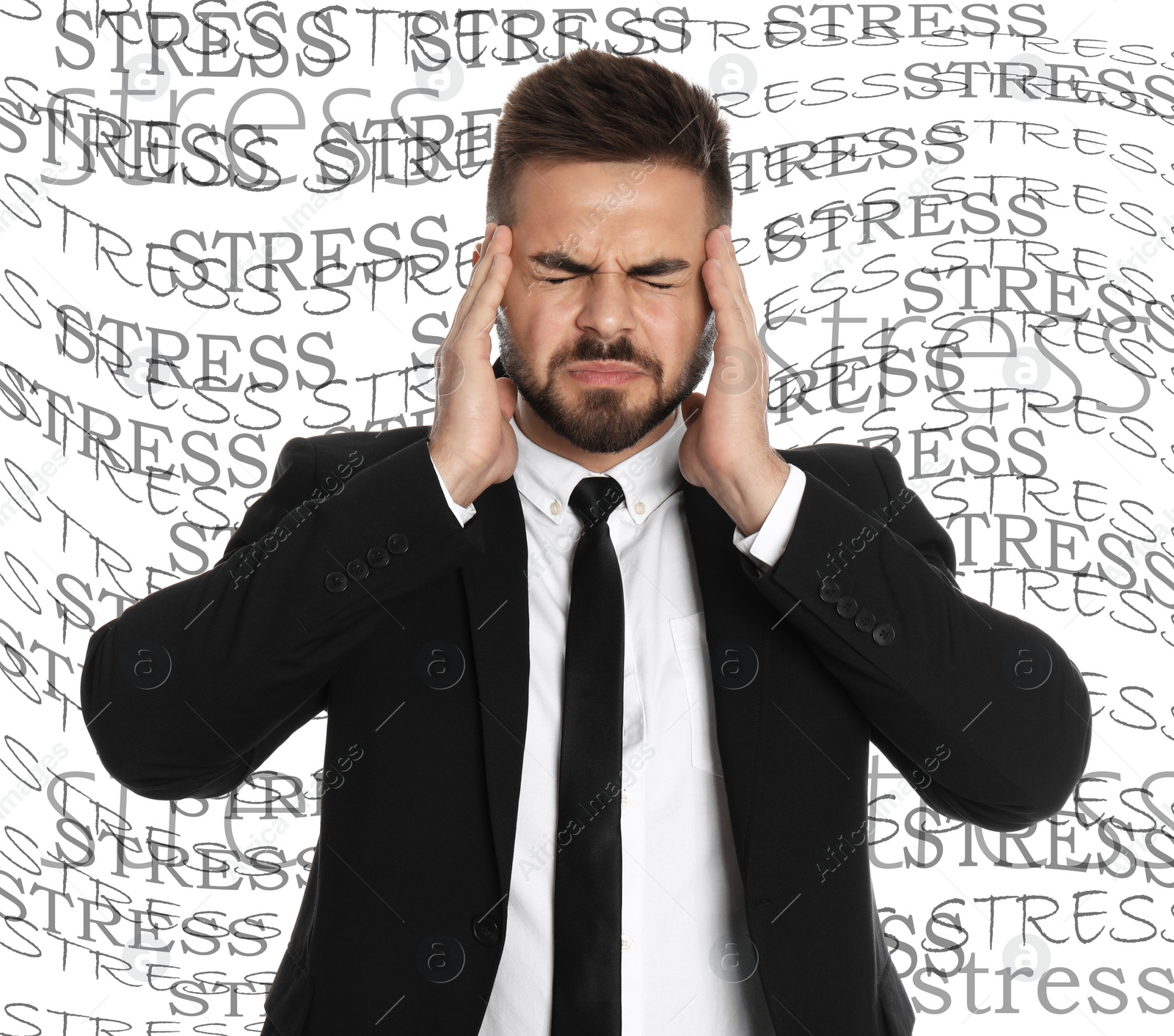 Image of Businessman suffering from depression and words STRESS on white background