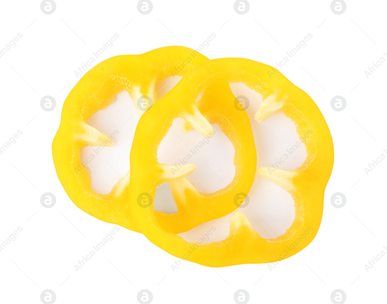Photo of Slices of bell pepper for burger isolated on white, top view