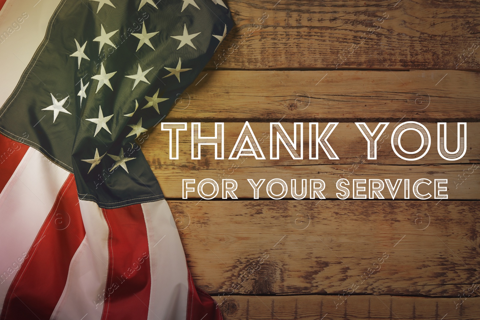 Image of Text THANK YOU FOR YOUR SERVICE and American flag on wooden background, top view. Memorial day