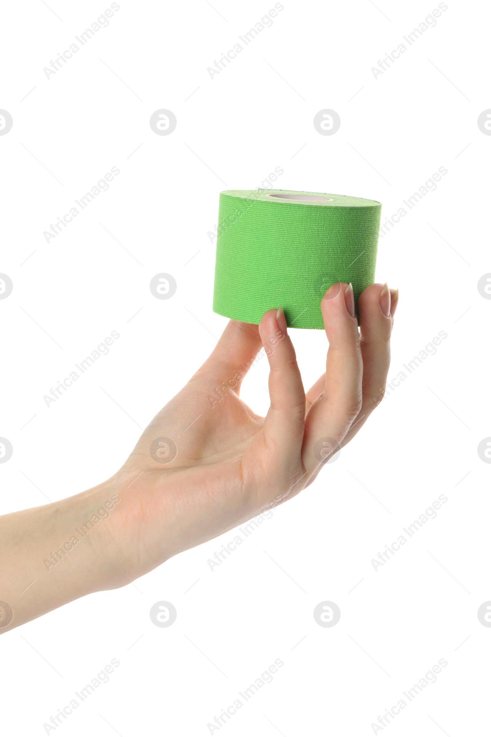 Photo of Woman with bright kinesio tape in roll on white background, closeup