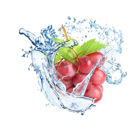 Image of Grape cluster with water splash on white background