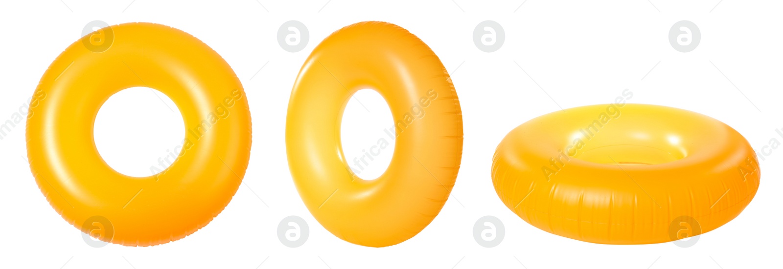 Image of Set with bright inflatable rings on white background, banner design