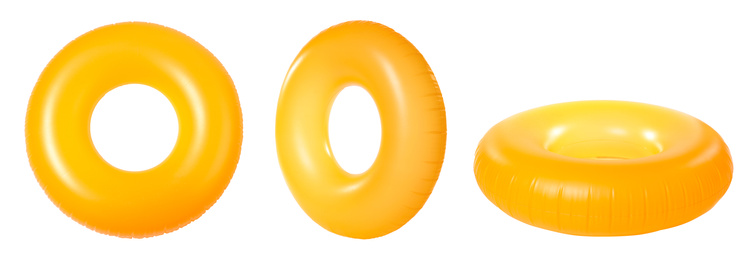 Image of Set with bright inflatable rings on white background, banner design