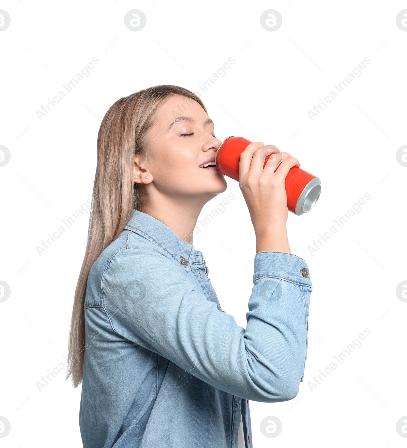 Photo of Beautiful woman drinking from beverage can on white background