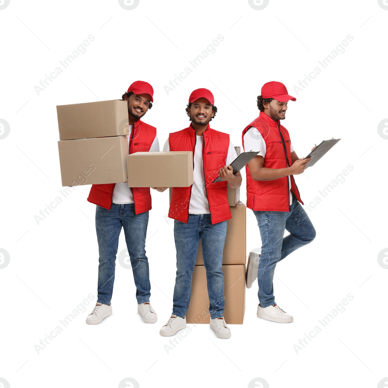 Image of Delivery service. Happy courier with cardboard boxes on white background, collage of photos
