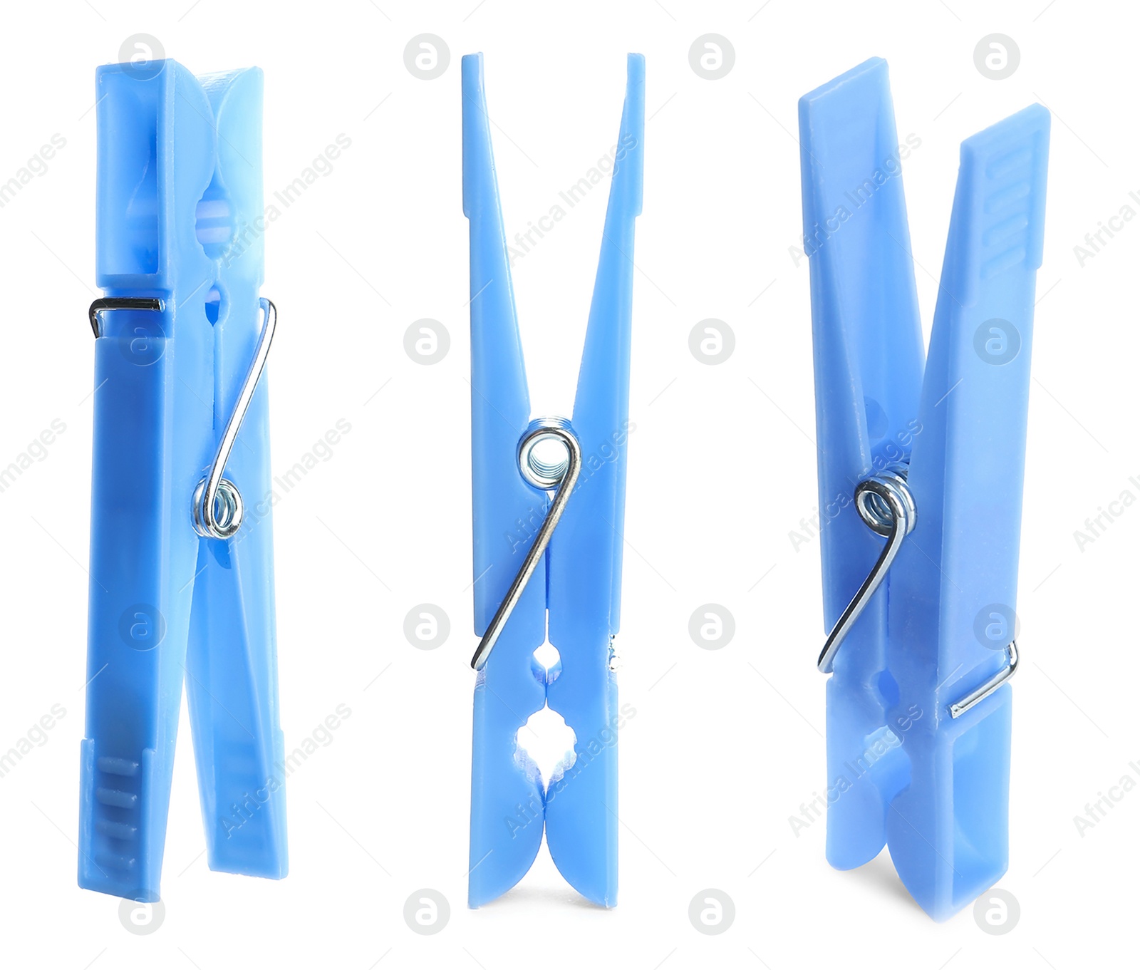 Image of Set with blue plastic clothespins on white background