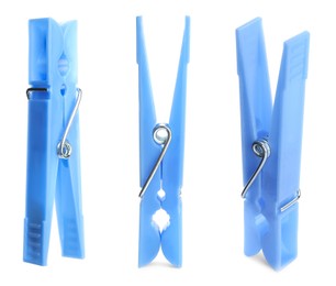 Image of Set with blue plastic clothespins on white background