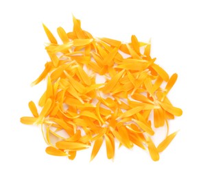 Photo of Pile of beautiful calendula petals on white background, top view