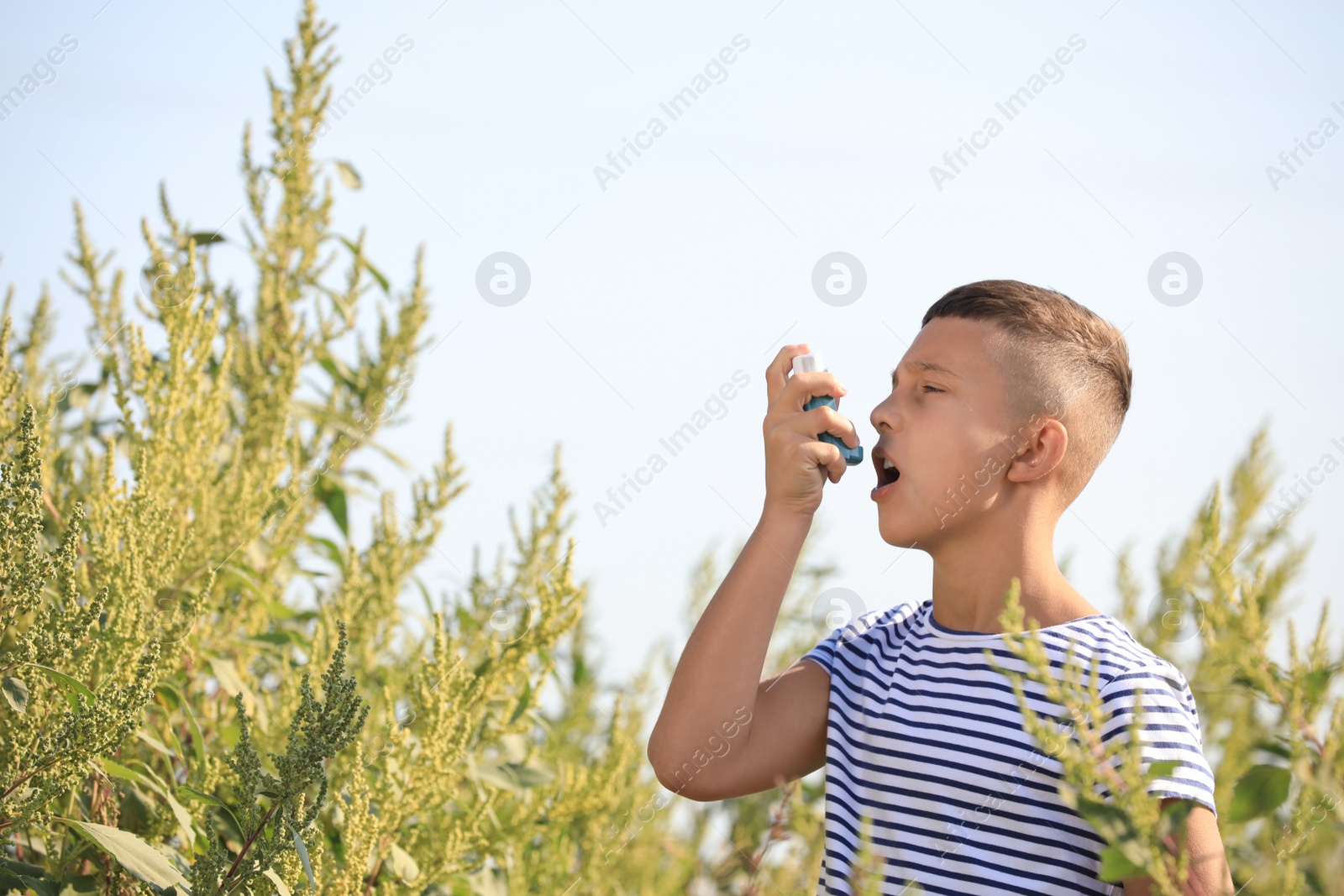 Photo of Little boy with inhaler suffering from ragweed allergy outdoors