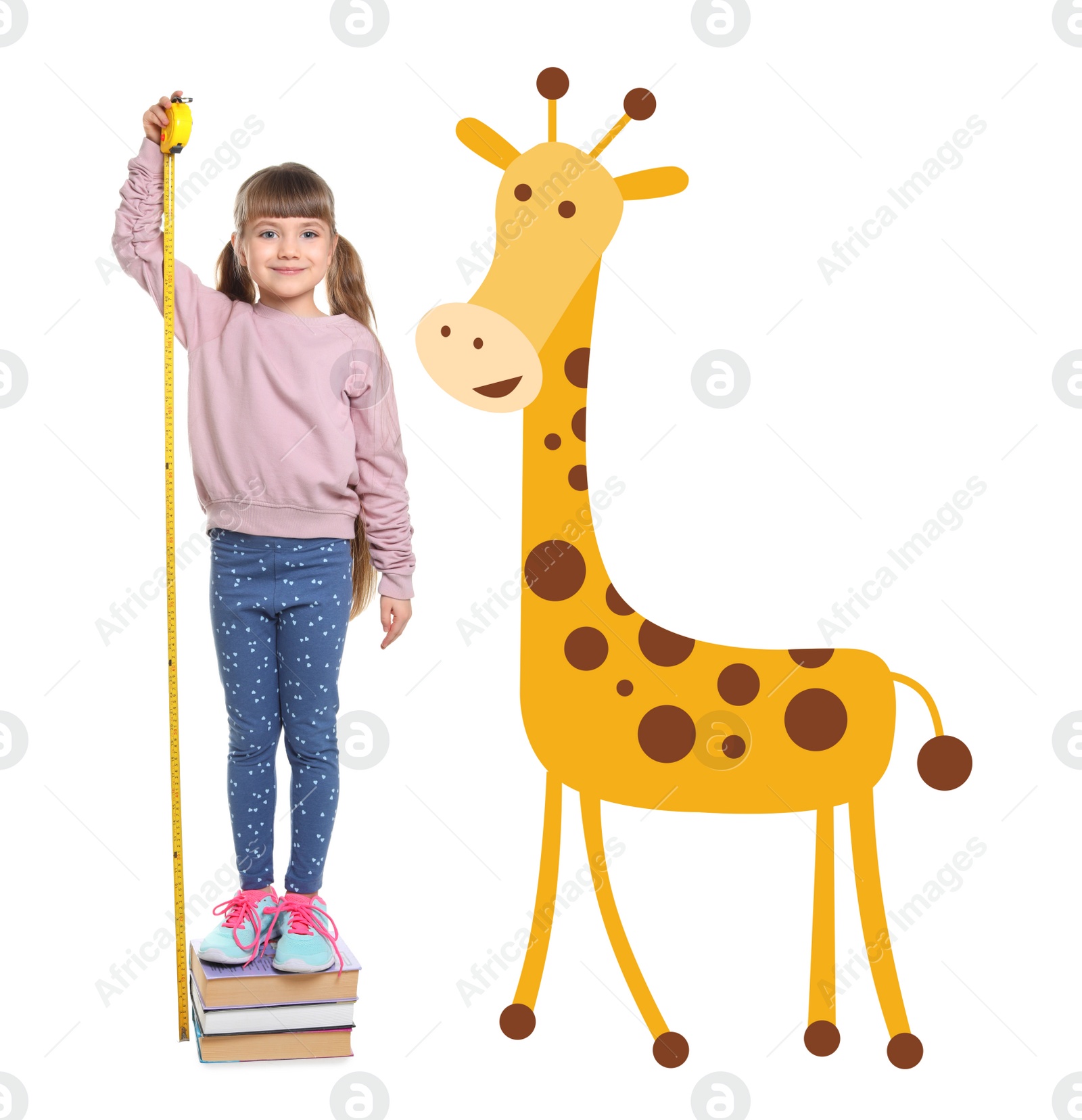 Image of Little girl measuring height and drawing of giraffe on white background