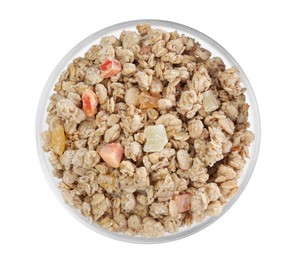 Photo of Granola in bowl on white background, top view. Healthy snack