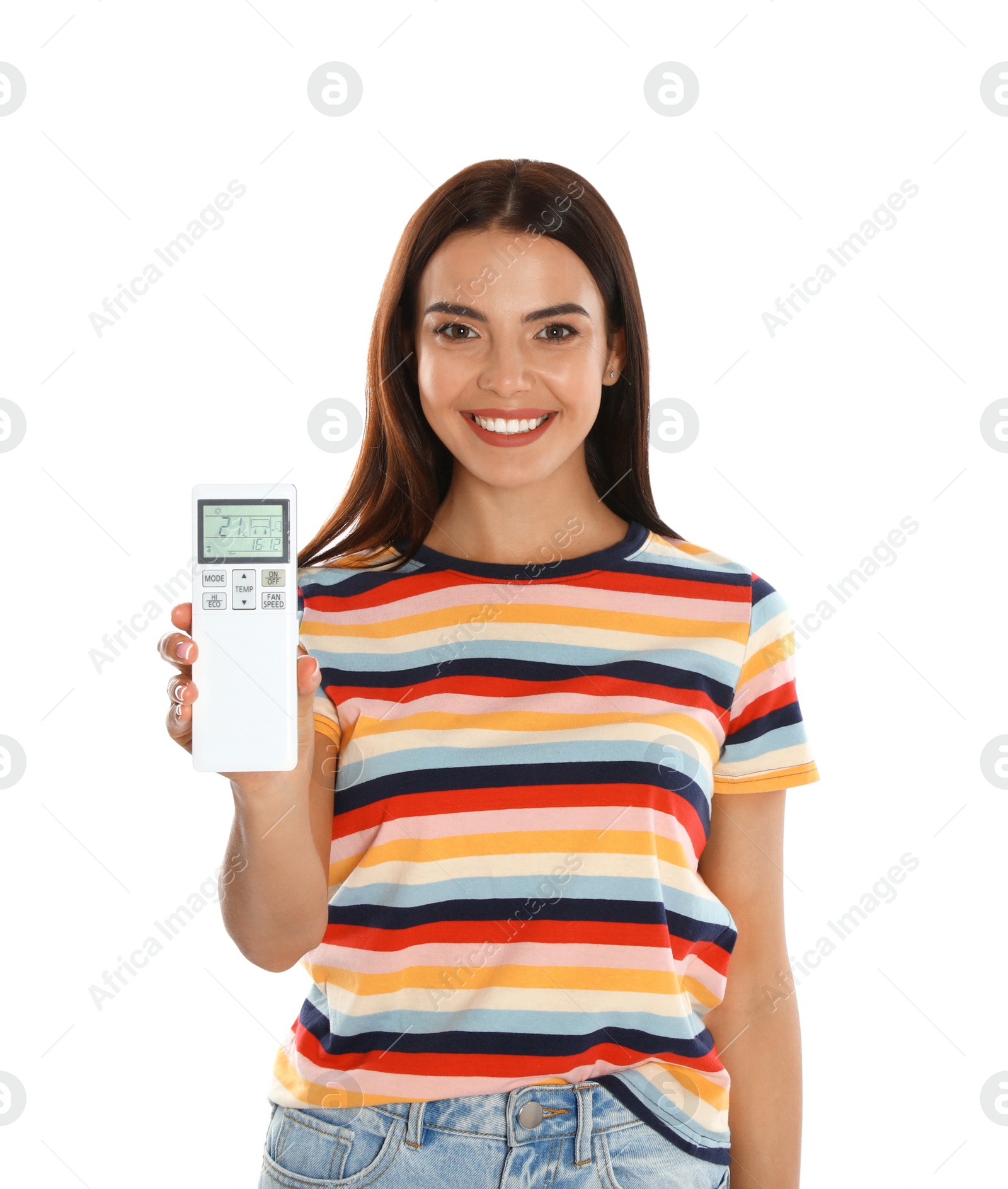 Photo of Young woman with air conditioner remote on white background