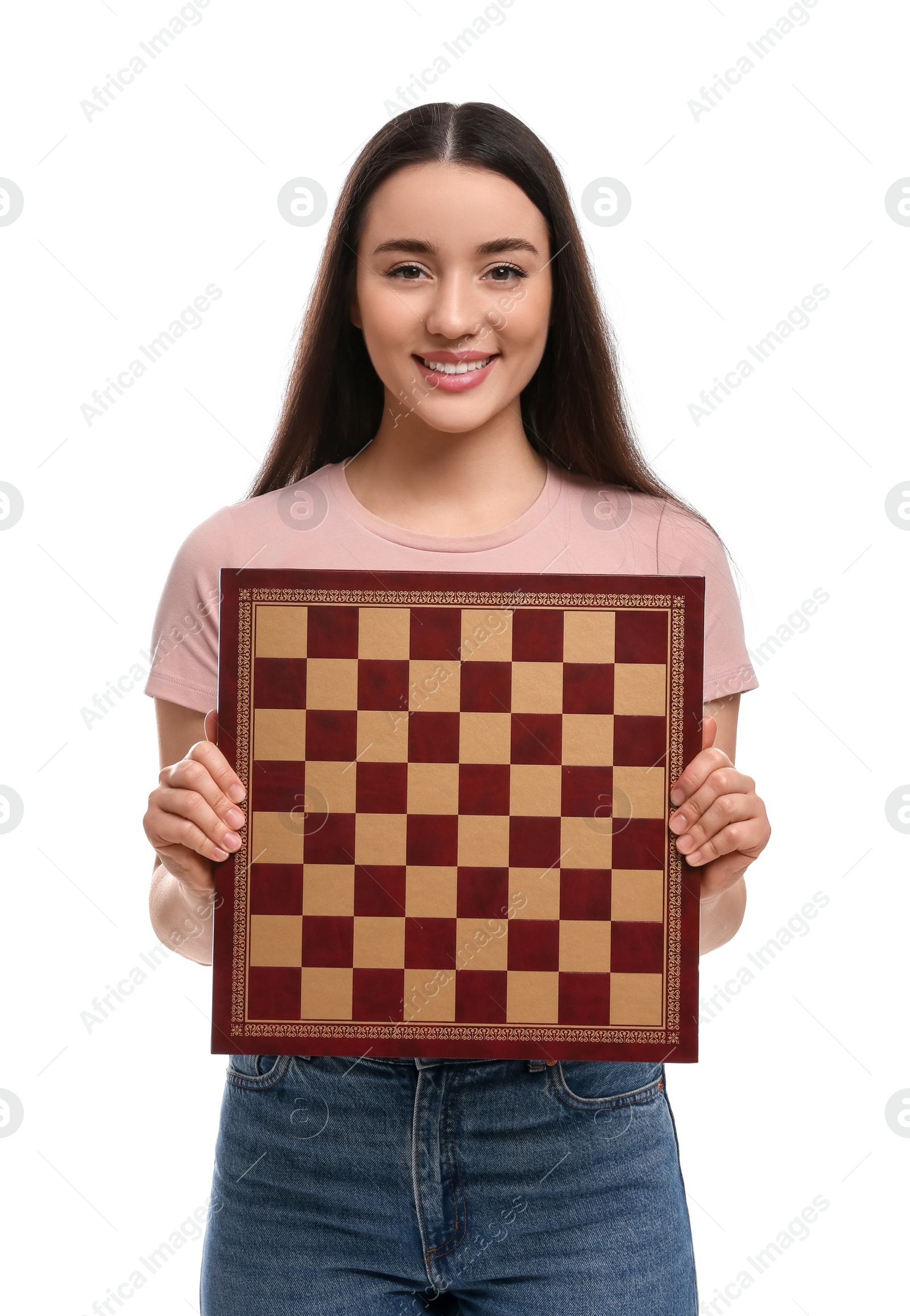Photo of Happy woman with chessboard on white background