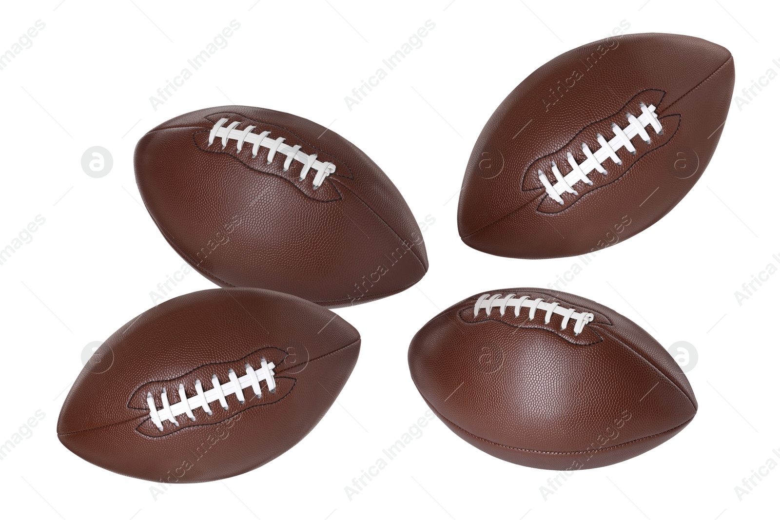 Image of Many American football balls flying on white background