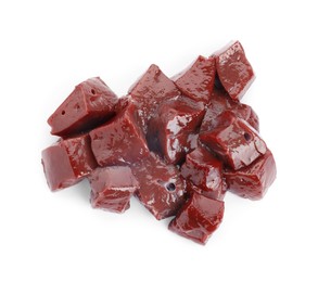 Cut raw beef liver isolated on white, top view