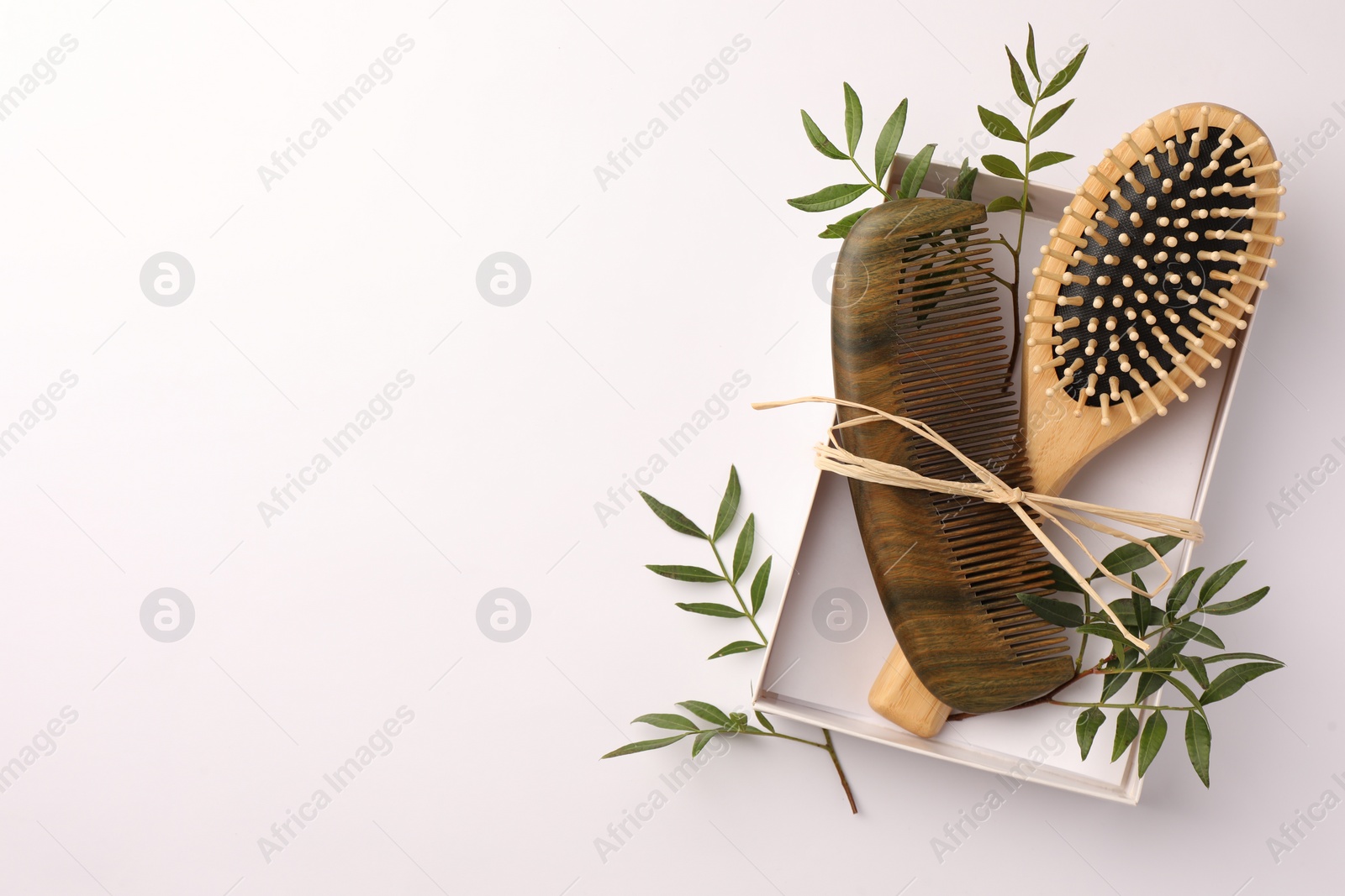 Photo of Wooden hairbrush, comb and green leaves on white background, top view. Space for text