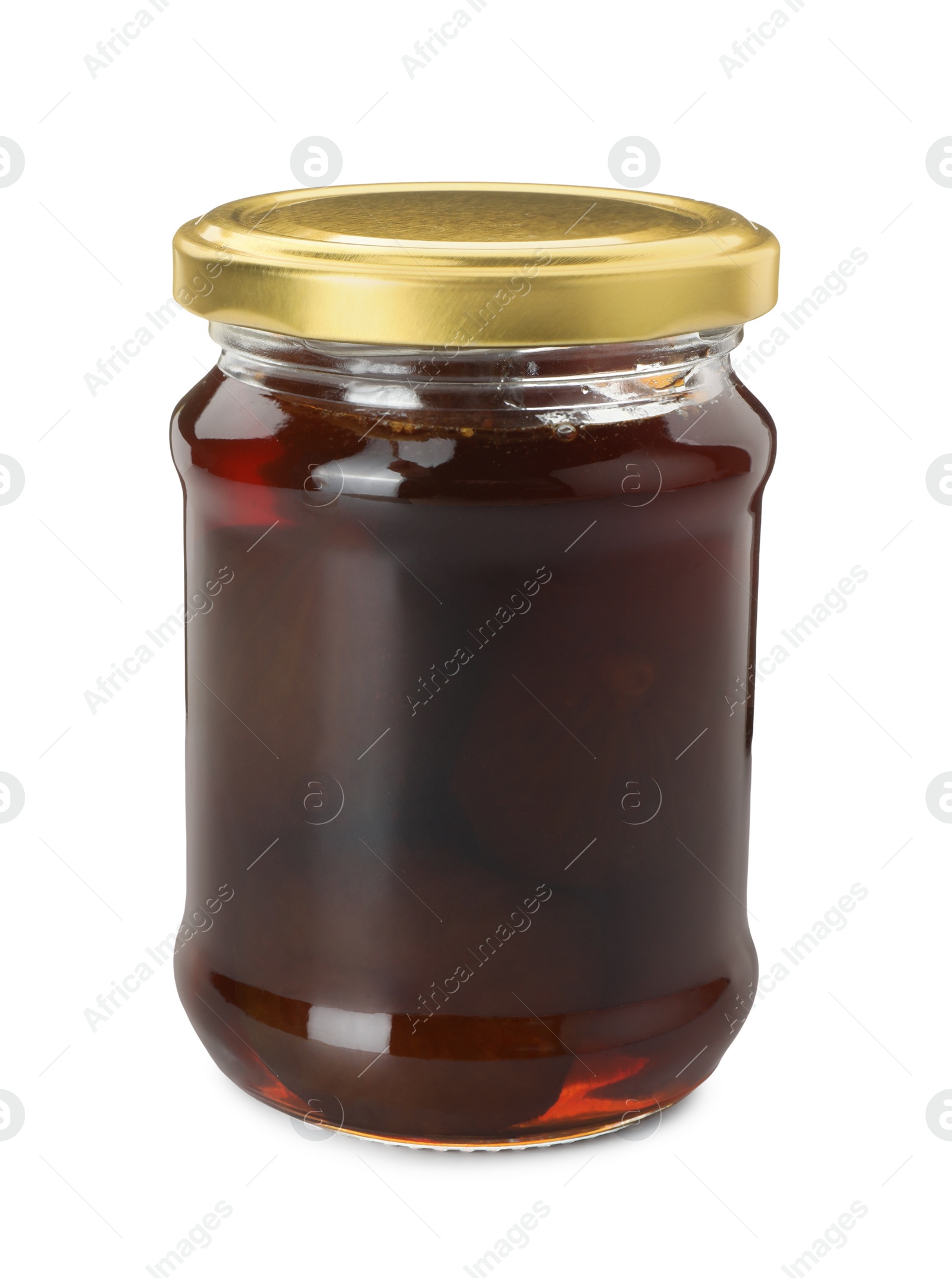 Photo of Jar of tasty sweet fig jam isolated on white