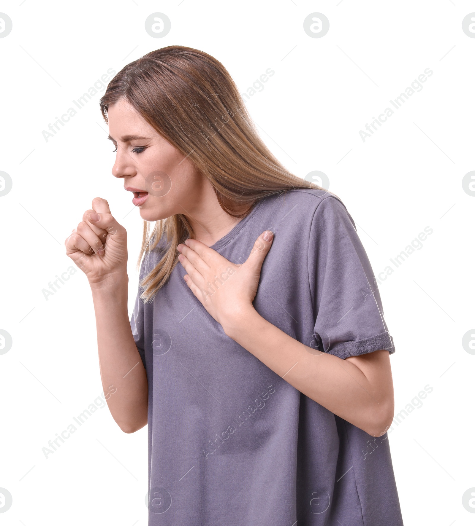 Photo of Woman coughing on white background