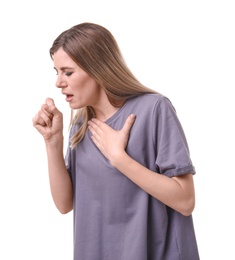 Photo of Woman coughing on white background