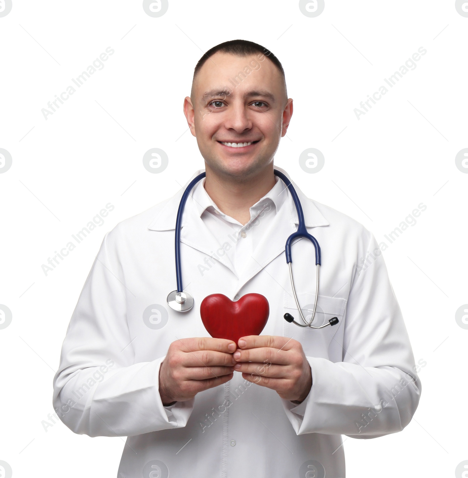 Photo of Doctor with stethoscope and red heart on white background. Cardiology concept