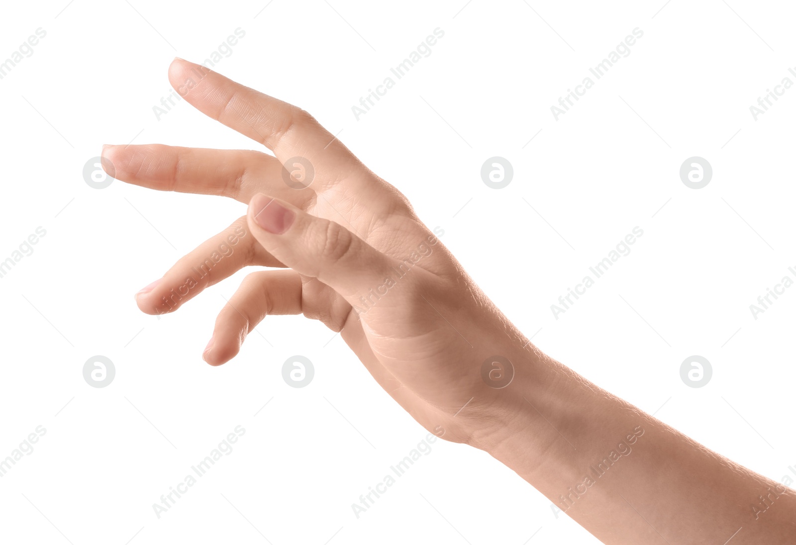 Photo of Woman holding hand on white background, closeup